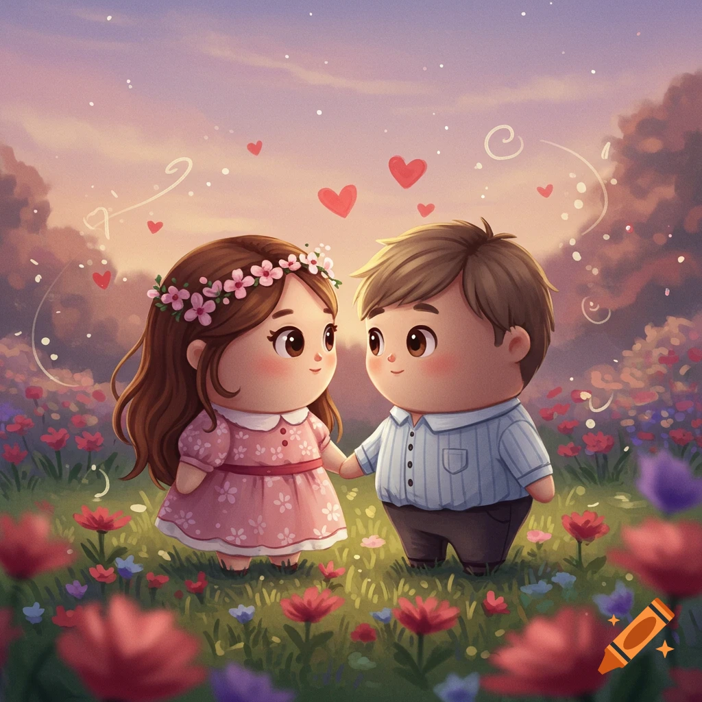 A cute chibi couple, a boy and a girl, hold hands in a field of colorful flowers under a sunset sky with floating hearts.
