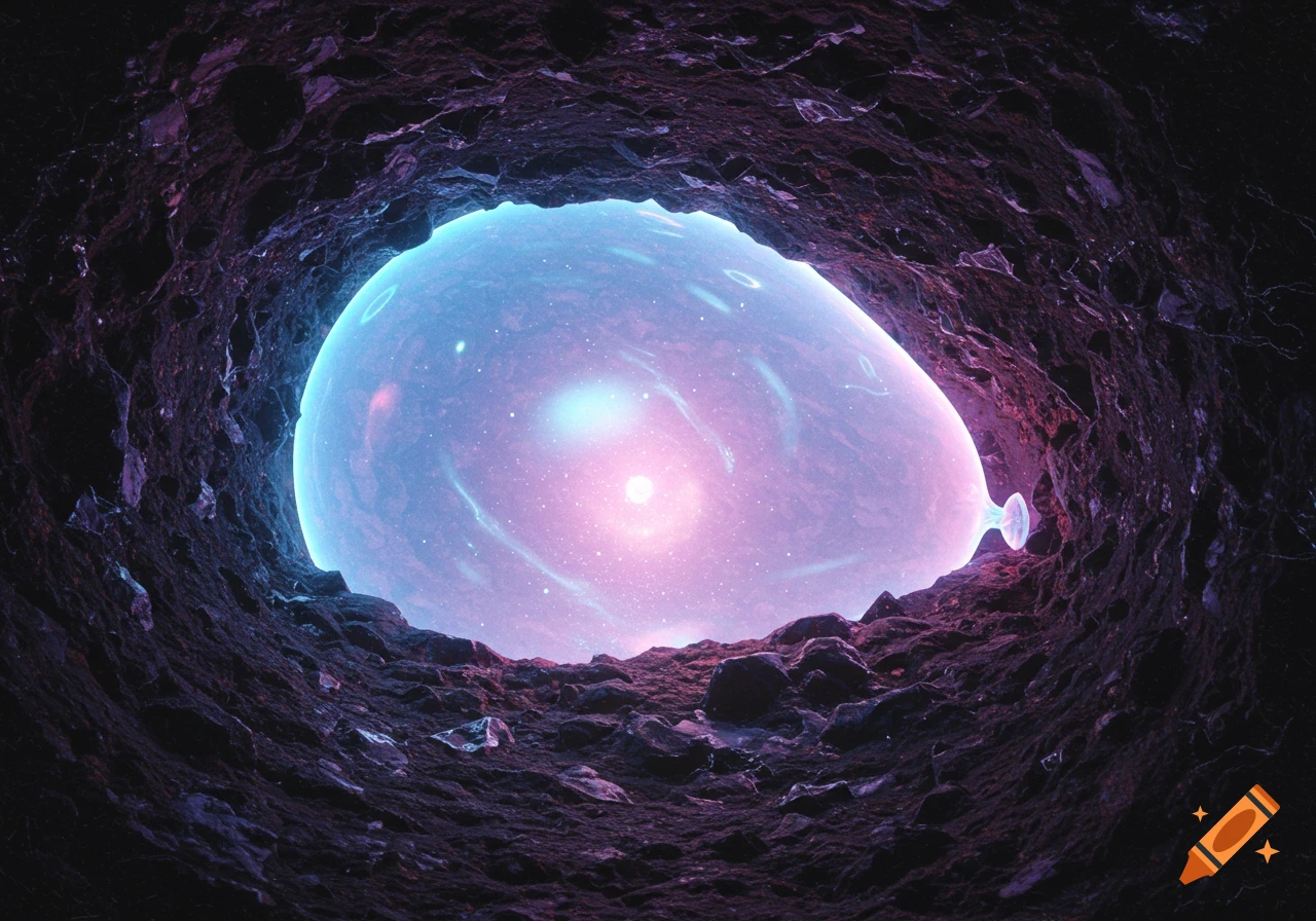 A glowing, ethereal bubble with a cosmic interior seen from inside a dark, rocky cave.