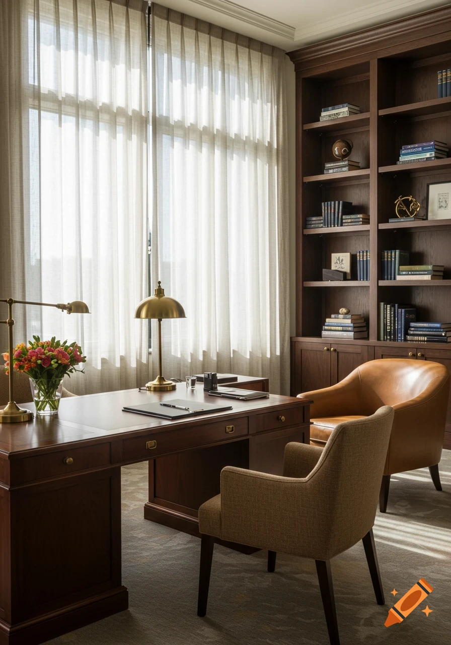 A classic home office with a dark wooden desk, brass lamps, a vase of flowers, bookshelves, and two chairs by a window with sheer curtains.