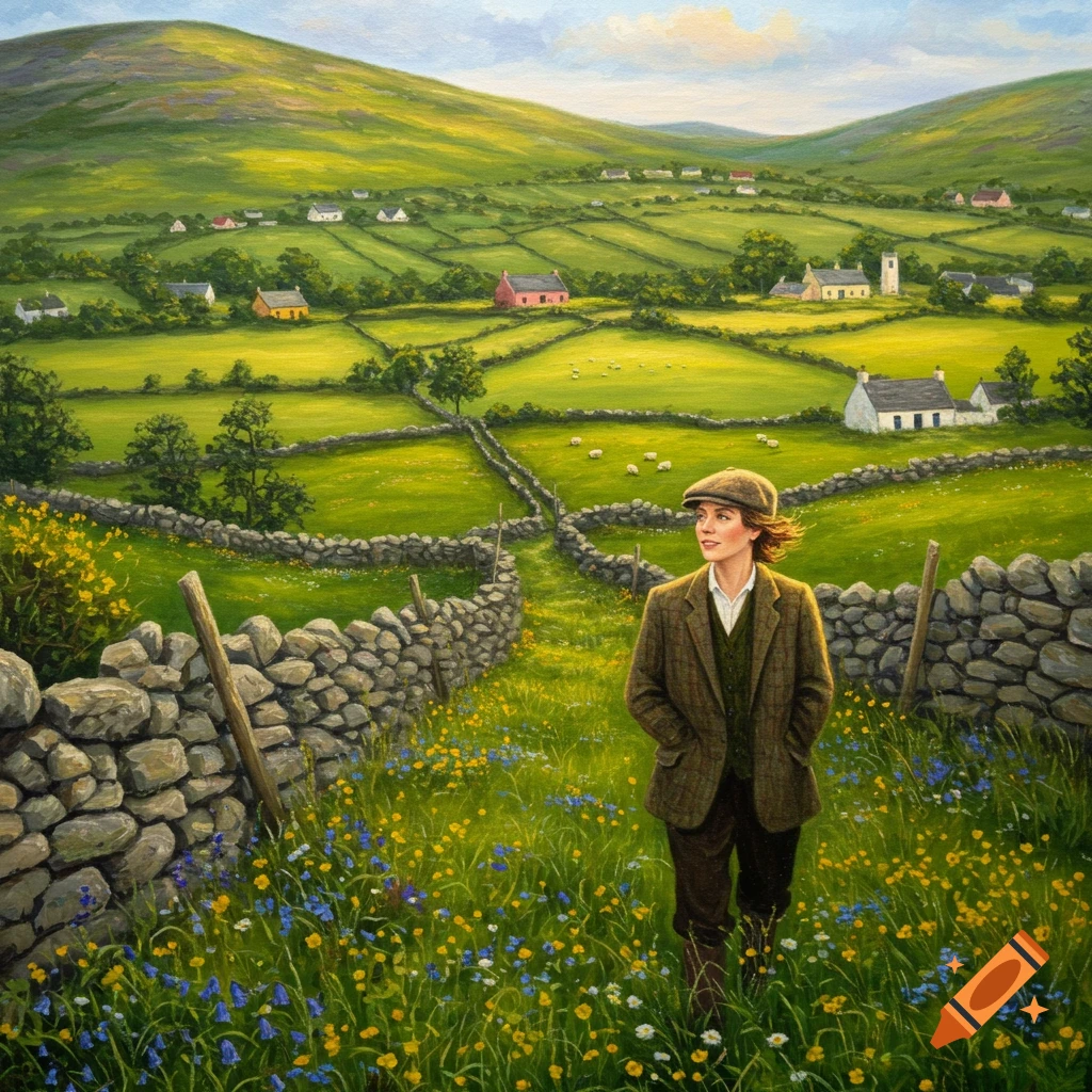 Painting of a person in a cap and tweed jacket walking through a wildflower meadow, flanked by stone walls, with green hills and houses in the background.