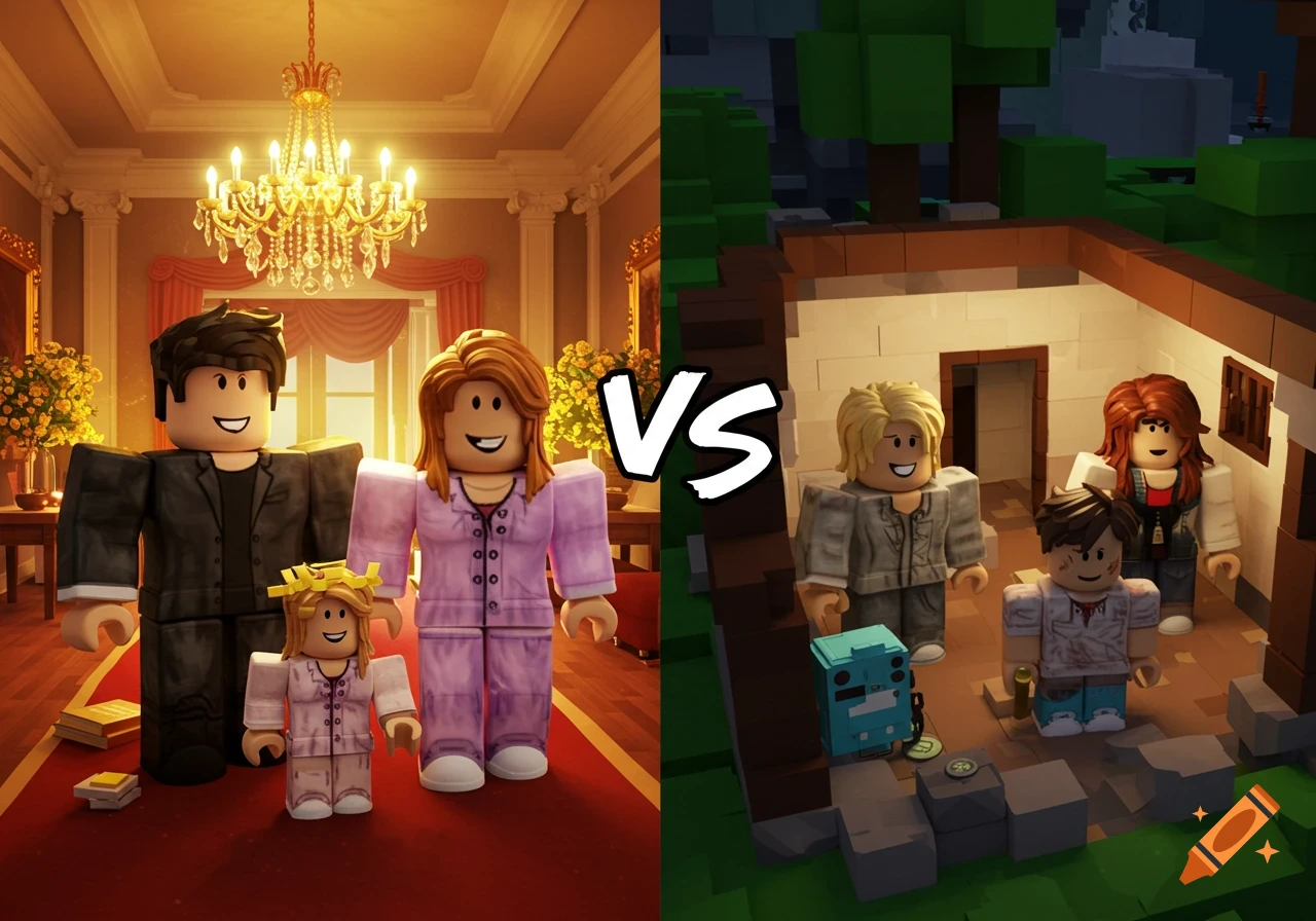 Roblox families: a rich family in a mansion on the left, a poor family in a block house on the right, separated by 'VS' text.