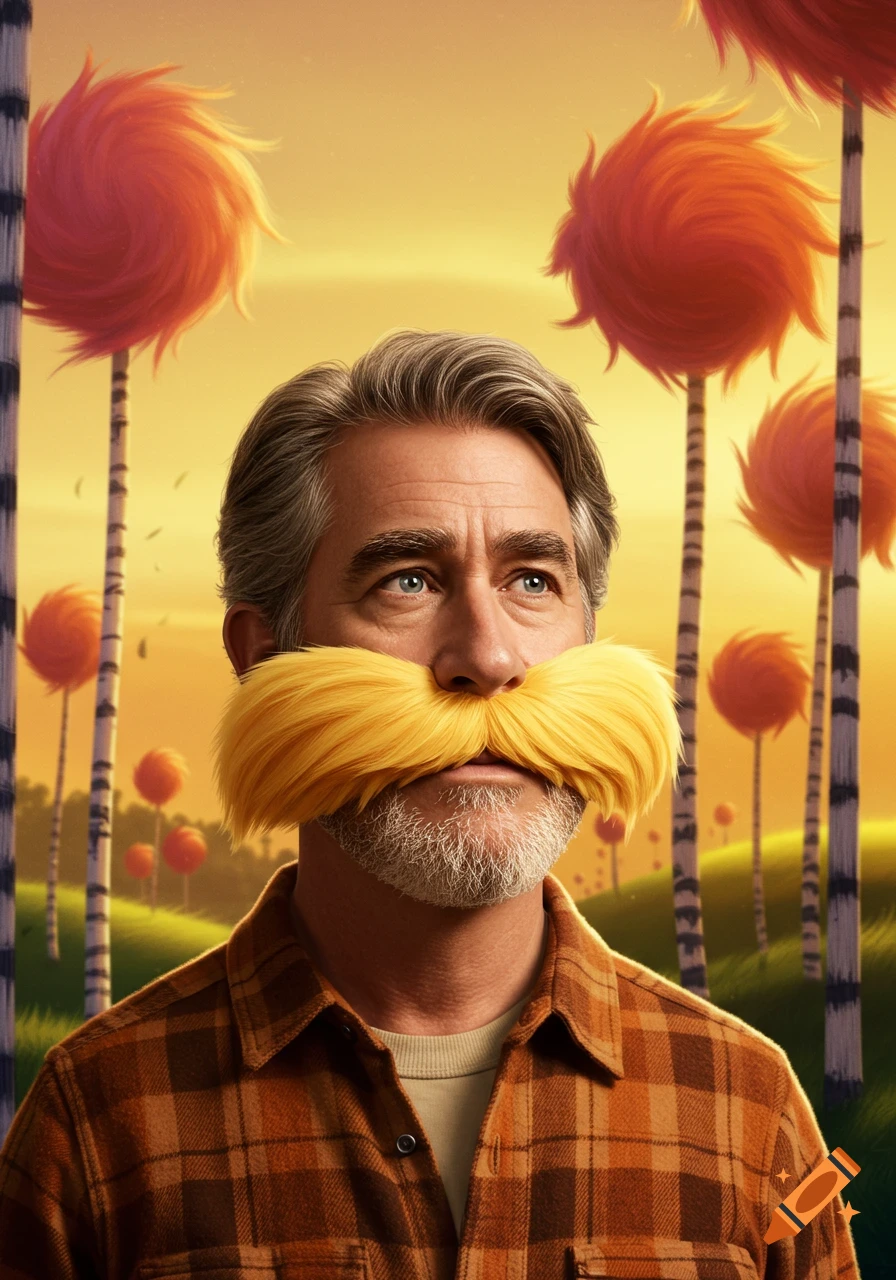 A man with a large yellow mustache and gray beard, wearing a plaid shirt, stands in a whimsical forest with orange, fluffy trees under a golden sky.