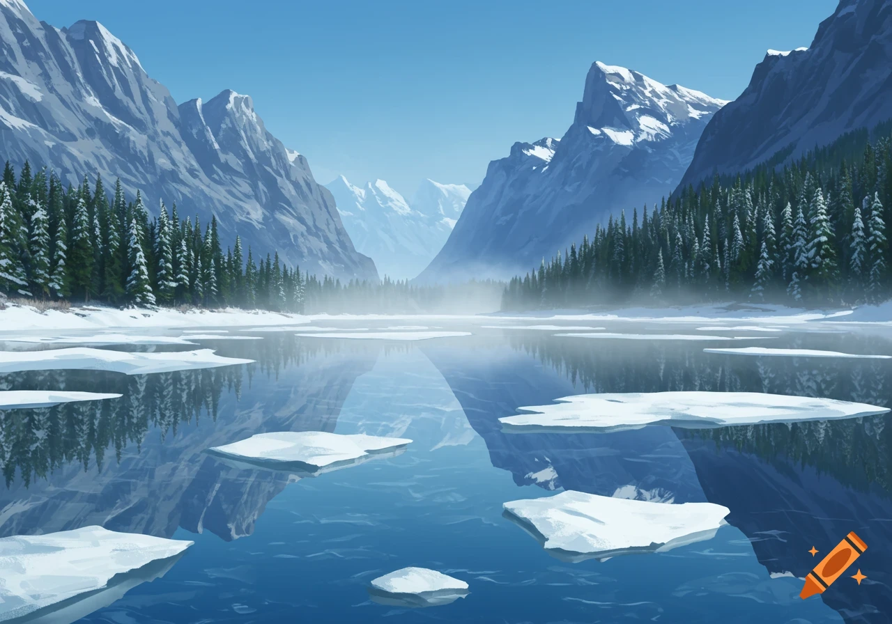 A serene winter landscape with snow-capped mountains, evergreen forests, and a partially frozen lake with ice floes under a clear blue sky, in a stylized art style.