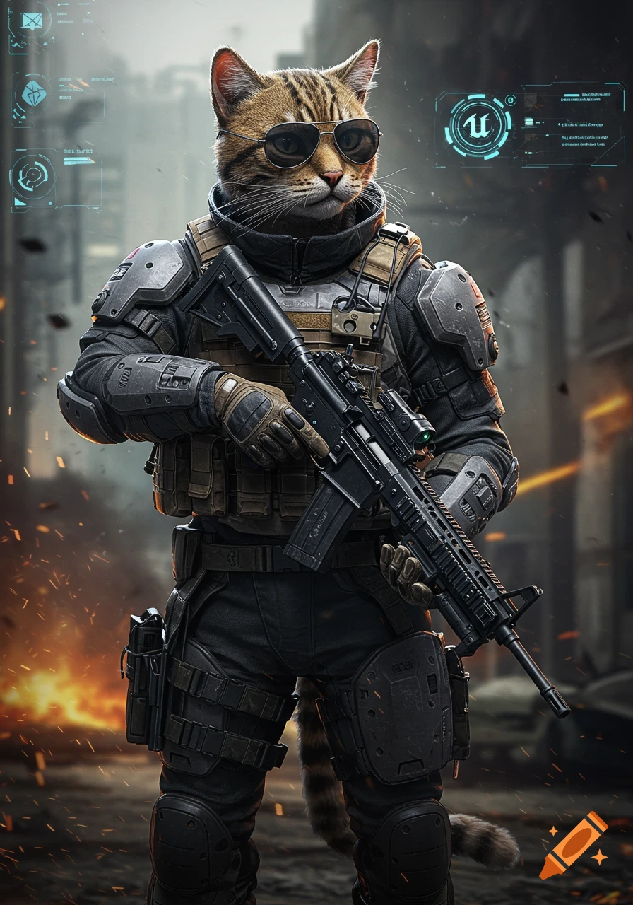 A cool cat in a full military tactical outfit, wearing sunglasses and holding an assault rifle, stands in a futuristic, war-torn city with holographic UI elements.