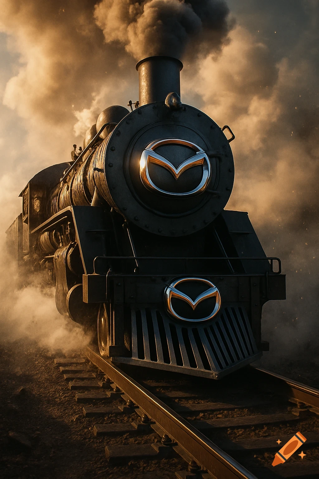 Photorealistic dark steam train with prominent Mazda emblems, billowing smoke against a dramatic, cloudy sky.