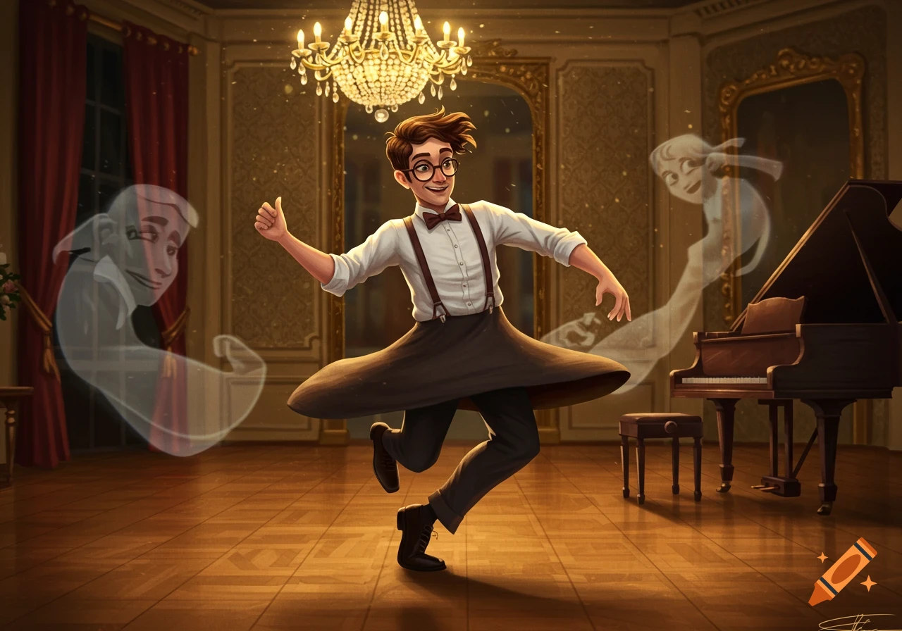 A man in a bow tie and suspenders dances energetically in a grand ballroom with two ethereal ghosts, a chandelier, and a piano.