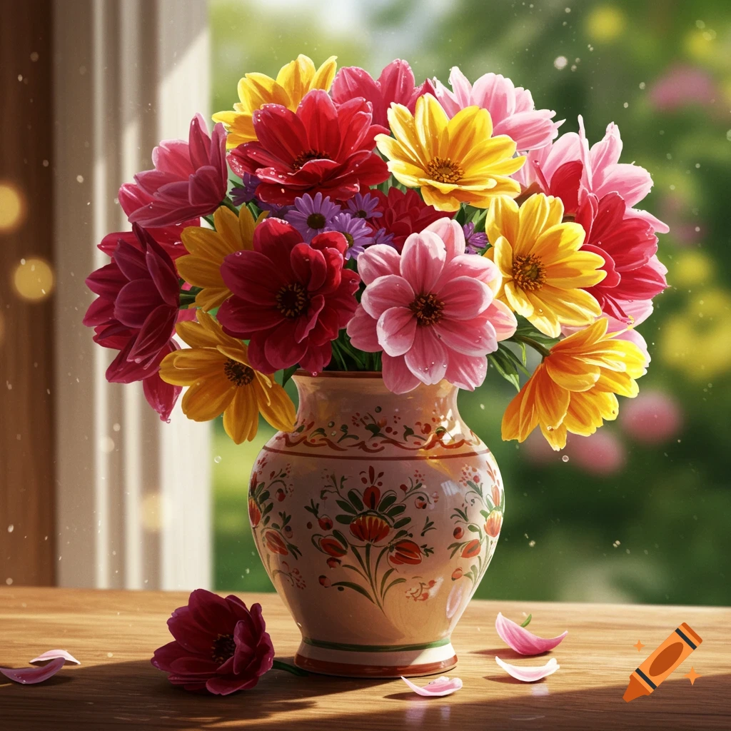A vibrant bouquet of red, yellow, and pink flowers in an ornate vase on a wooden table, with scattered petals and a blurred green background.