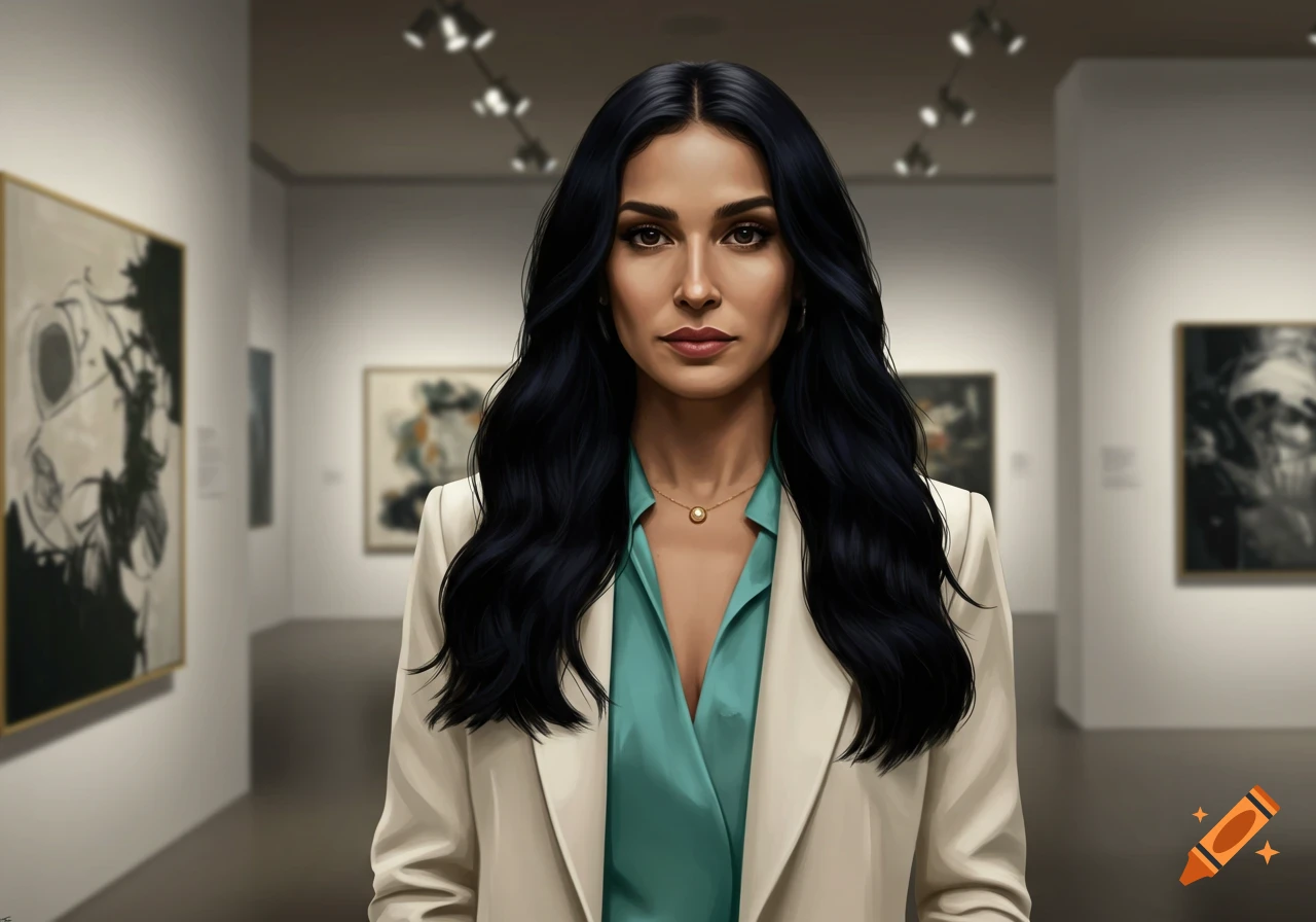 A photorealistic image of a woman with long dark hair, wearing a white blazer and teal blouse, standing in an art gallery.