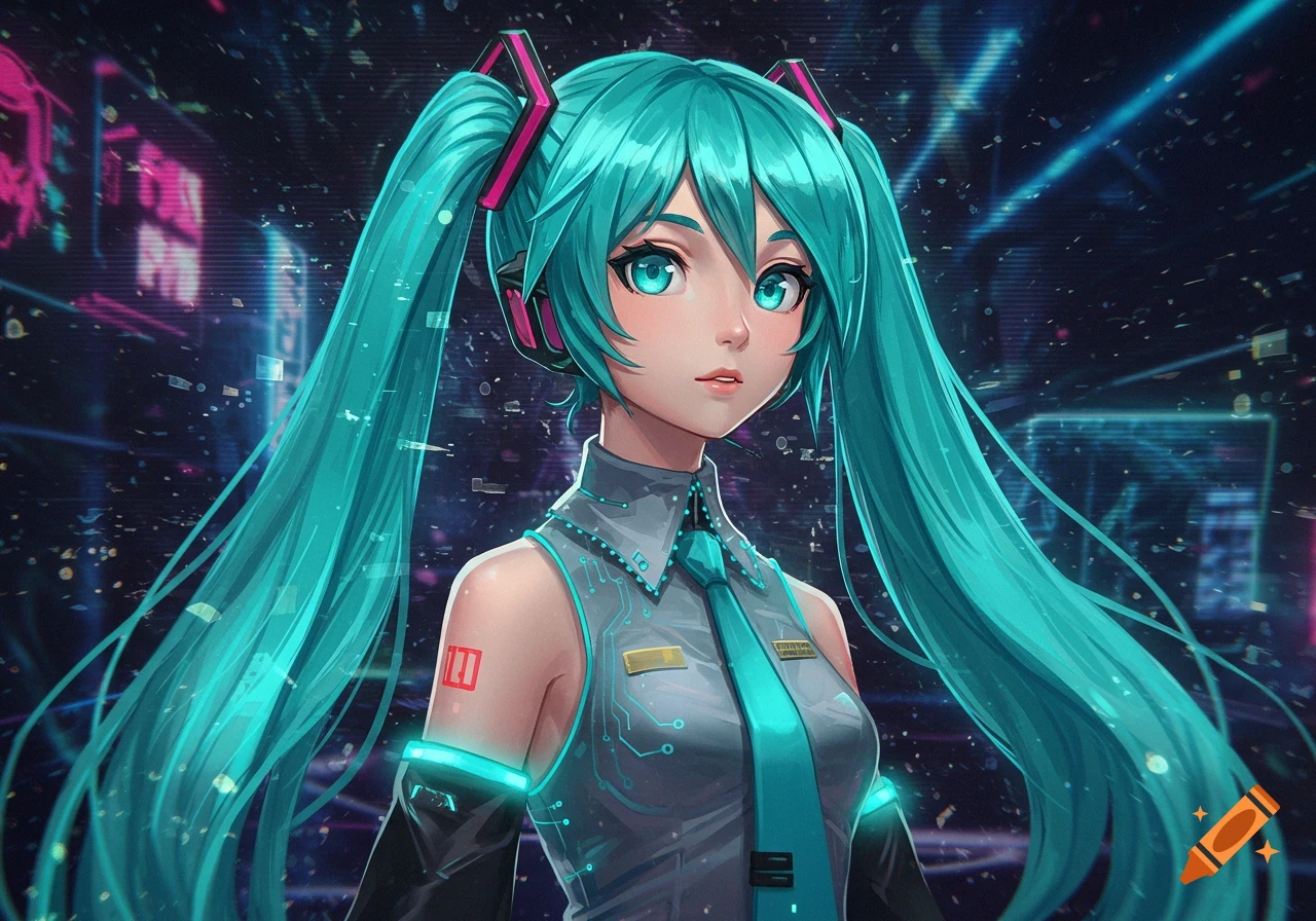 Hatsune Miku with teal pigtails and a futuristic outfit stands against a dark, glowing cyberpunk background.