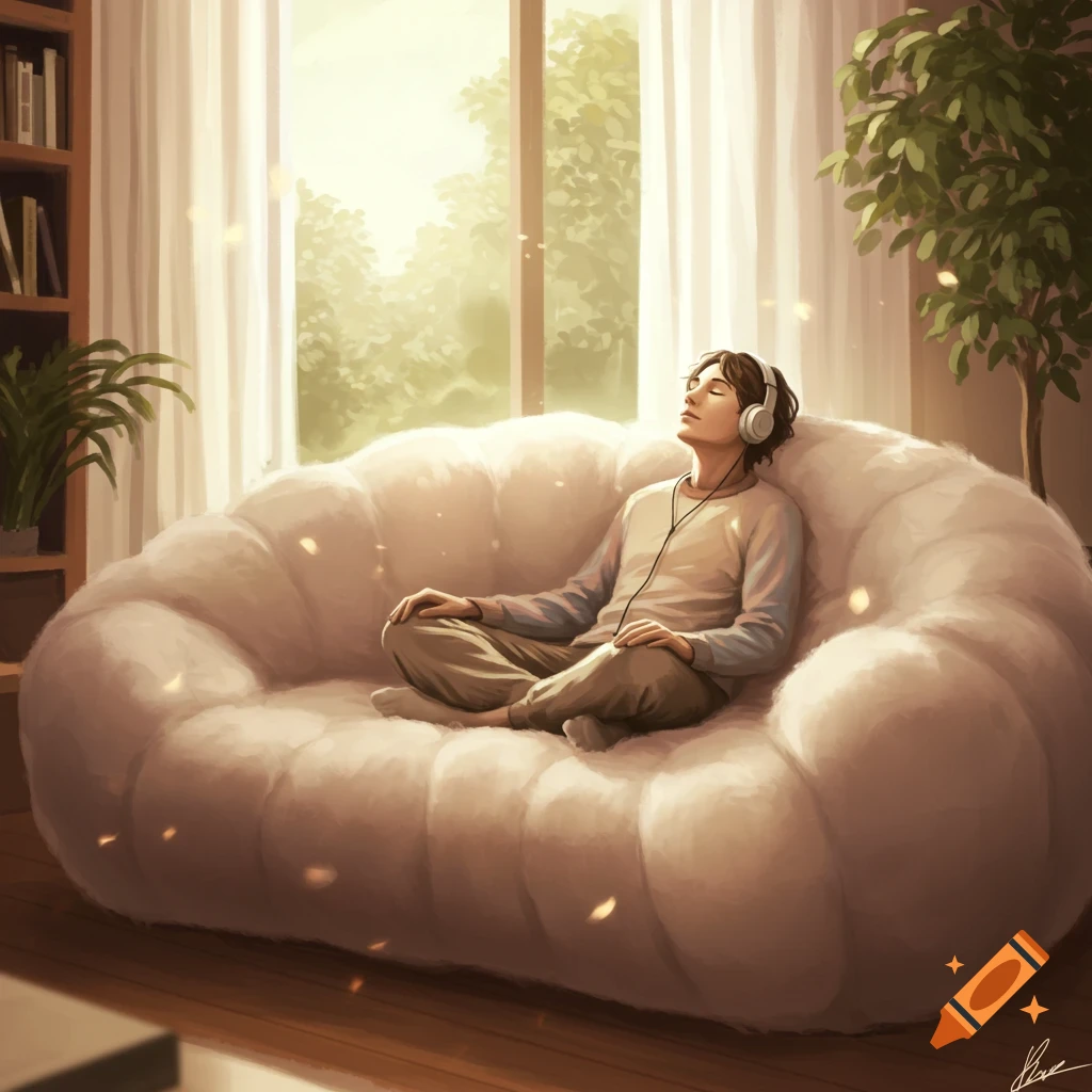 A person with headphones sits eyes closed in a meditative pose on a plush white couch in a sunlit room, digital art.