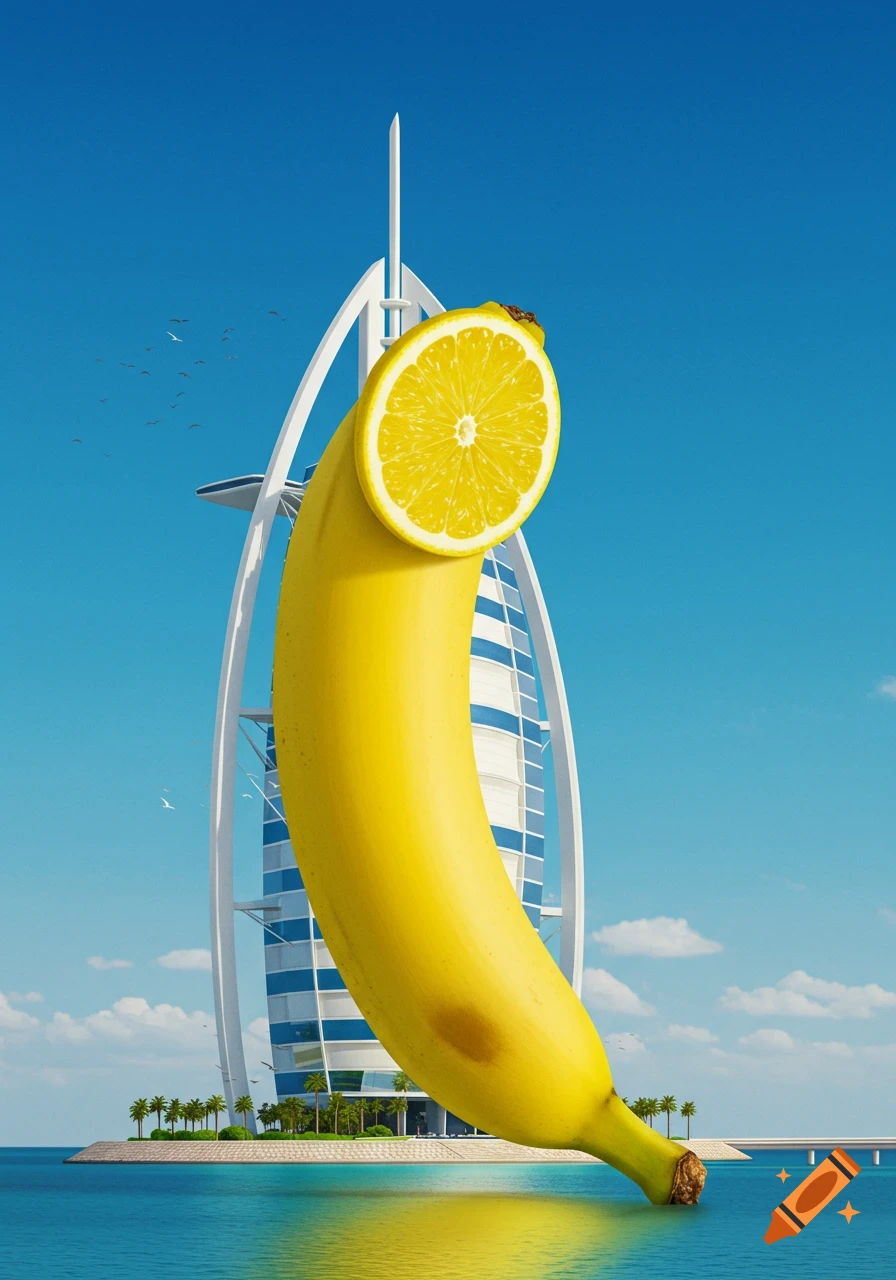 A surreal image of a giant banana shaped like the Burj Al Arab hotel, with a lemon slice on top, in turquoise water under a blue sky.
