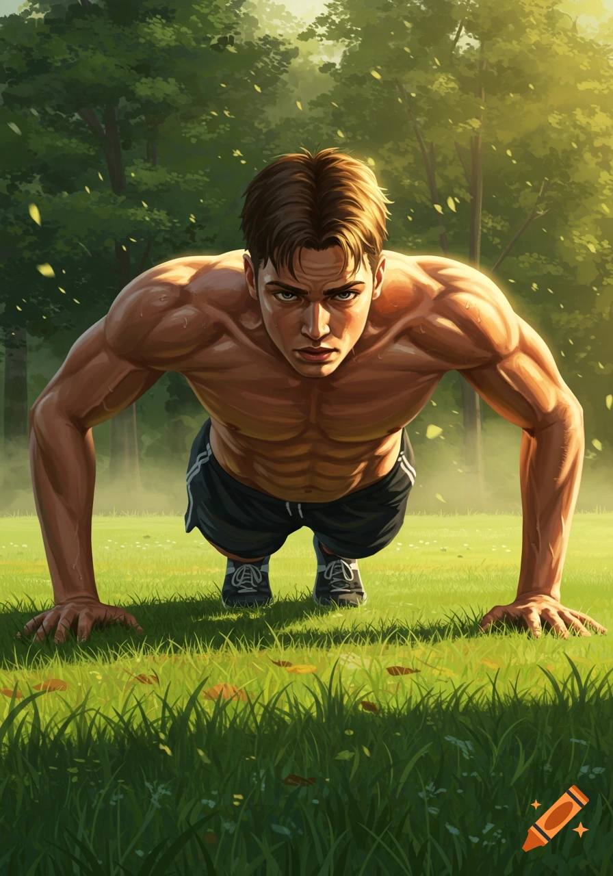 A muscular young man does push-ups on green grass in a sunlit forest, digitally illustrated.
