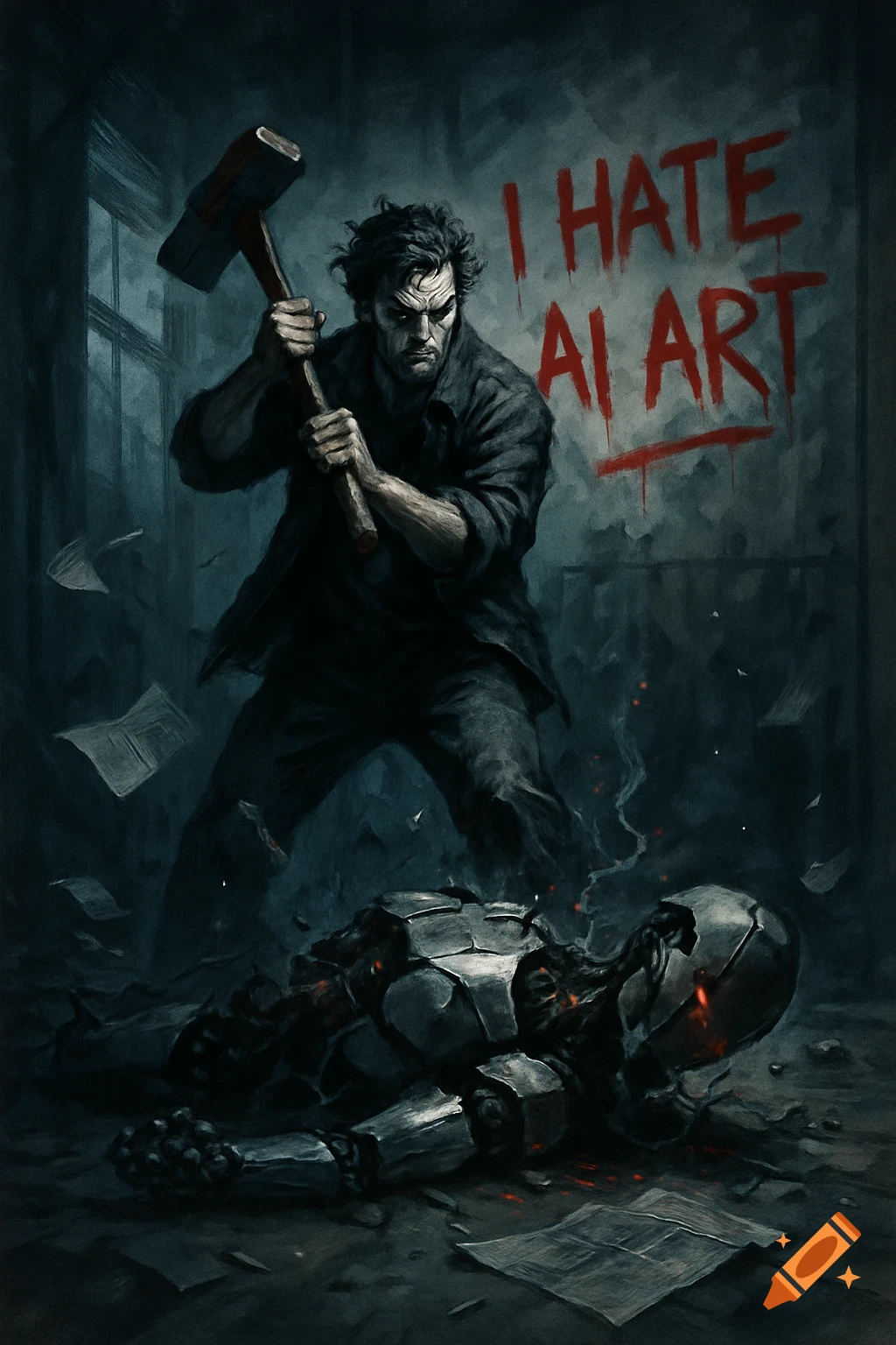 A man with a sledgehammer smashes a robot on the ground, with 'I HATE AI ART' painted on the wall behind him in a dark, painterly style.
