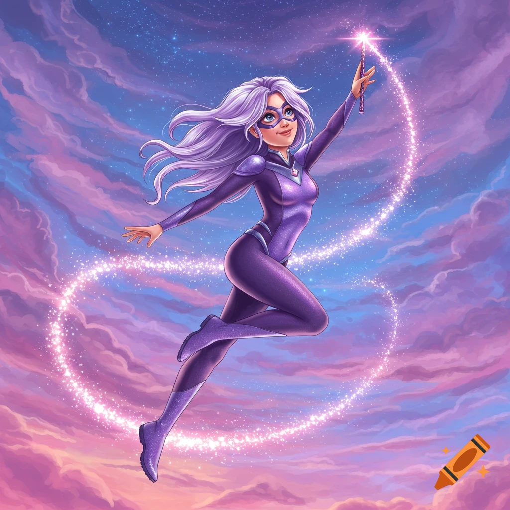 An illustrated girl superhero with purple hair and a purple suit flies through a starry, cloudy sky, holding a sparkling magic wand.