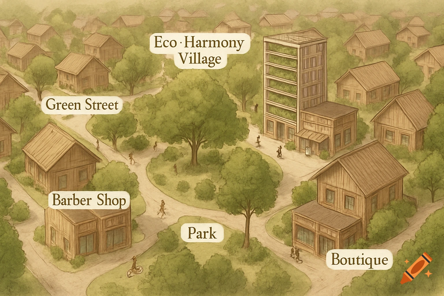An illustrated aerial map of 'Eco-Harmony Village' with wooden houses, a central park, streets, and labeled buildings like a barber shop, boutique, and vertical farm.