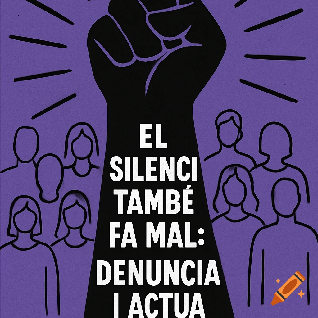 A stylized purple and black illustration with a raised black fist and outlines of people below it. White text reads 'EL SILENCI TAMBÉ FA MAL: DENUNCIA I ACTUA'.
