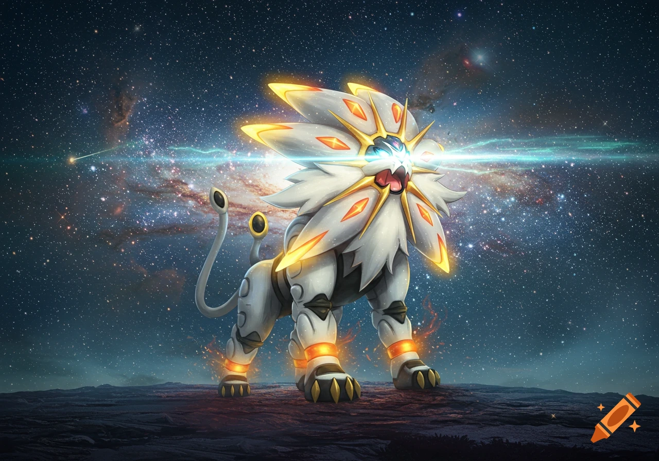 A majestic Solgaleo, a white and gold lion-like Pokémon, stands on a rocky planet surface, emitting a bright blue beam from its eyes against a starry galaxy backdrop.