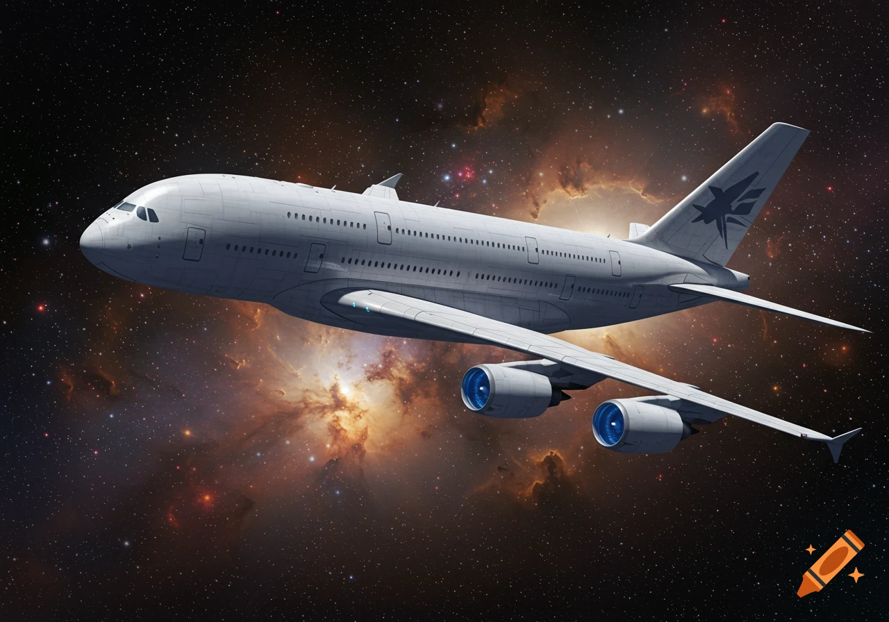 A large white airplane, resembling an A380, flies through the vibrant, star-filled expanse of a nebula in deep space.