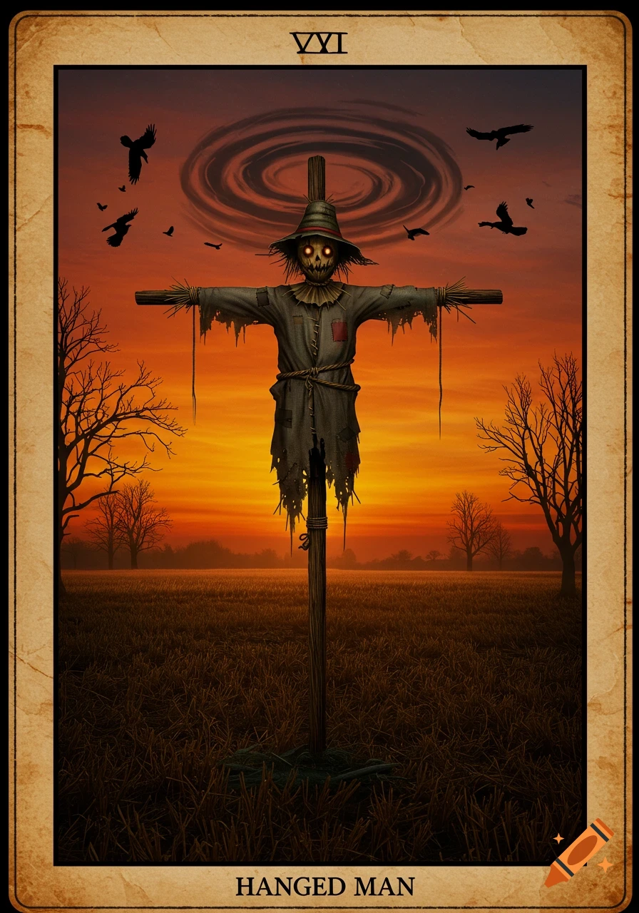 A creepy scarecrow with glowing eyes stands in a field at sunset, framed like a tarot card with a swirling dark cloud above.