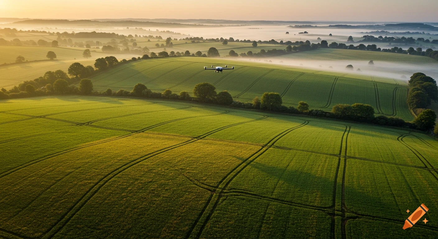 An aerial view of a drone flying over green arable fields with misty hills in the background at sunrise.