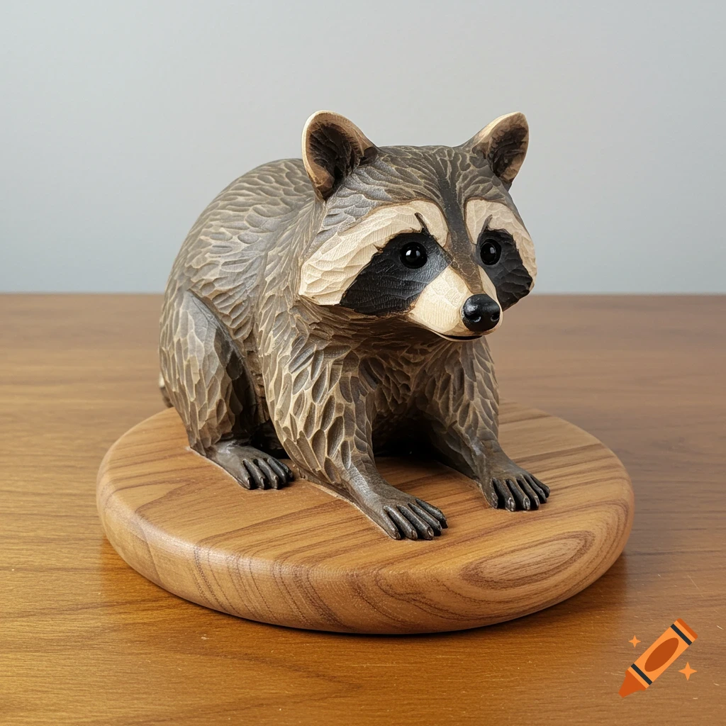A detailed wood carving of a raccoon with dark eyes and mask, sitting on a round wooden base.