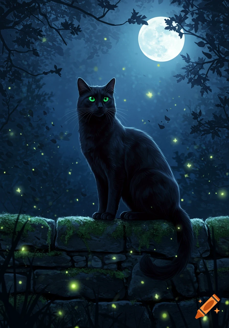 A black cat with glowing green eyes sits on a mossy stone wall at night, illuminated by a full moon and fireflies.