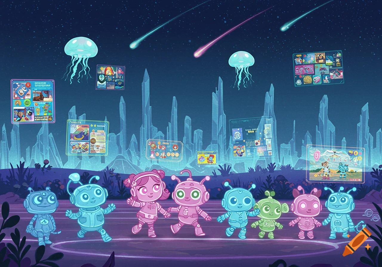 Colorful cartoon alien children characters hold hands in a glowing, futuristic alien landscape with crystal formations, jellyfish, and shooting stars.
