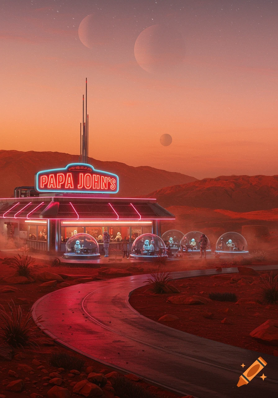 A neon-lit Papa John's restaurant on the red Martian landscape under multiple moons, with patrons in space suits.