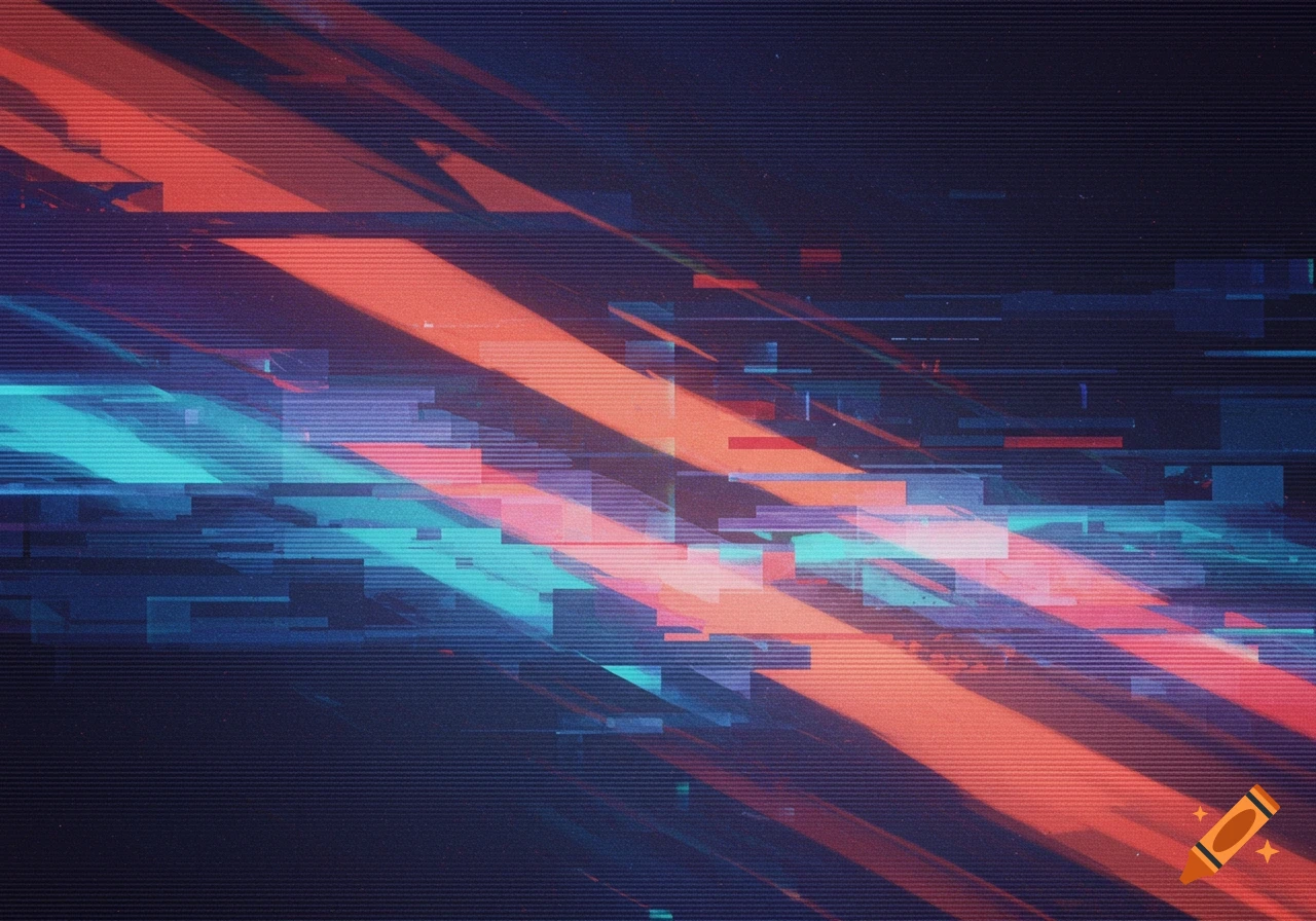 Abstract digital art featuring red-orange and blue-green geometric glitch patterns and scan lines on a dark background.