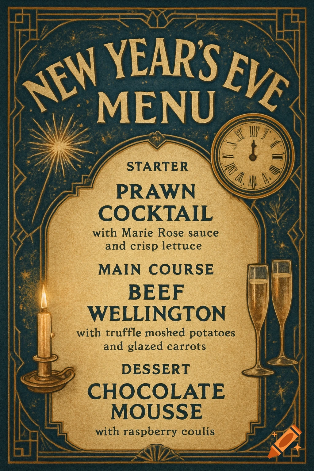 A retro, Art Deco style New Year's Eve menu with a clock, candle, and champagne glasses, detailing a three-course meal.