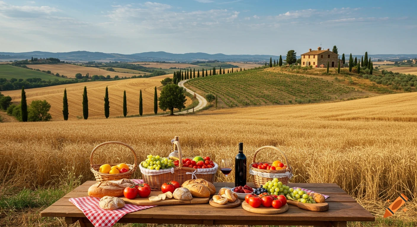 A rustic wooden table set for a picnic with bread, grapes, tomatoes, and wine, overlooking a sunny Tuscan landscape with fields, cypress trees, and a distant stone farmhouse.