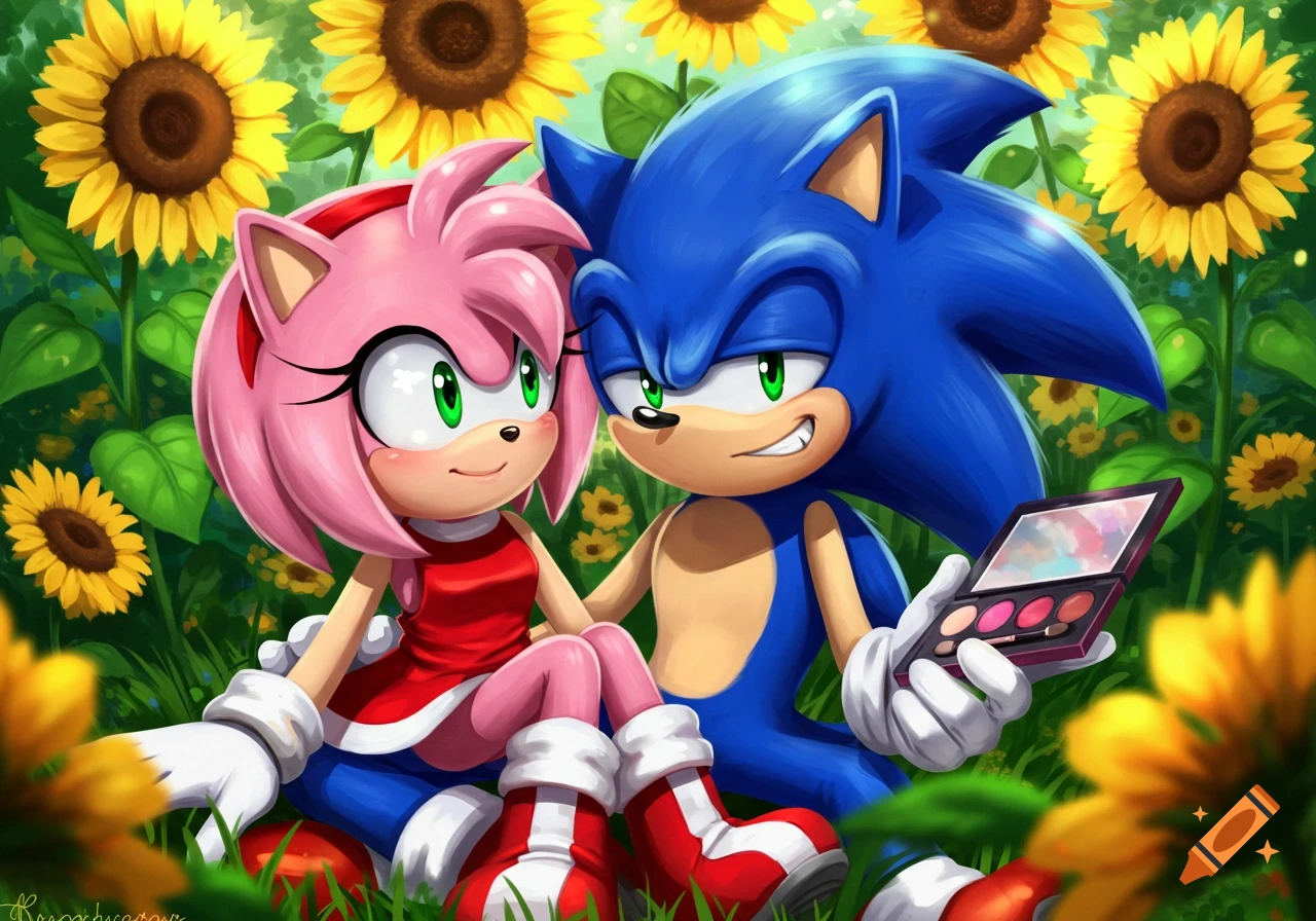 Cartoon Amy Rose sits on Sonic the Hedgehog's lap in a field of sunflowers. Sonic holds an open eyeshadow palette.