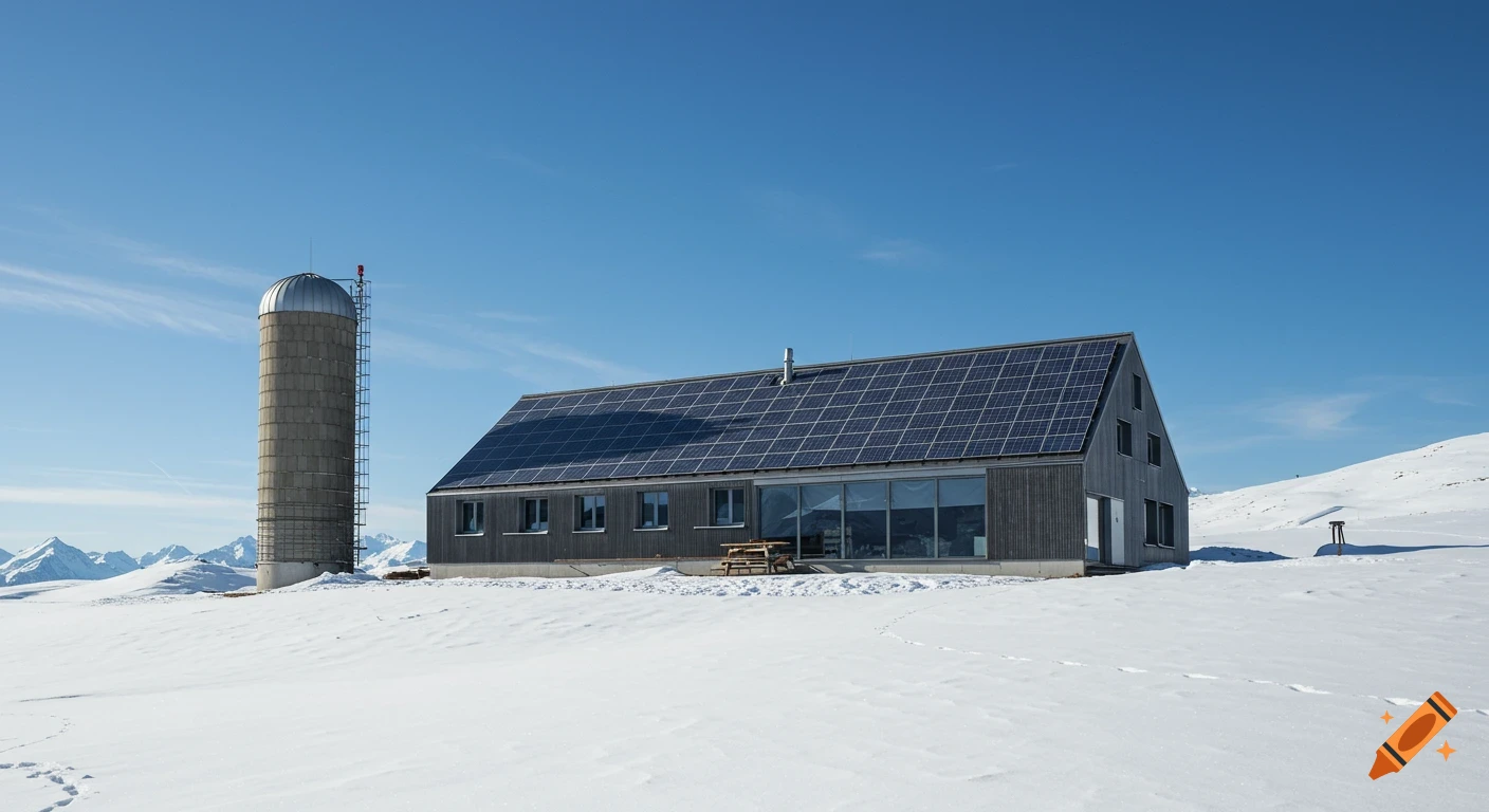 A modern building with solar panels and a silo stands in a vast, snowy winter landscape under a clear blue sky.