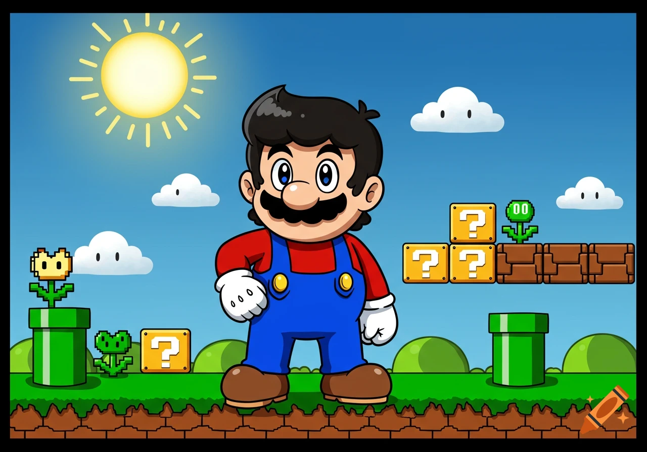 Cartoon character resembling Mario with black hair and mustache in a vibrant Super Mario-style landscape with blocks and pipes.