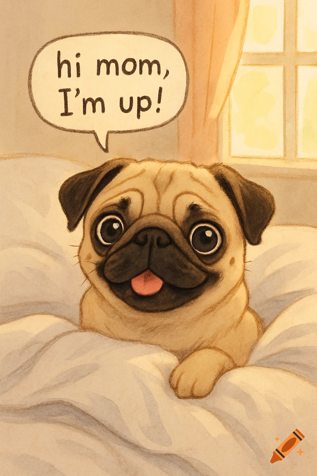 A cute illustrated pug peeking from white blankets, saying 'hi mom, I'm up!' in a speech bubble.