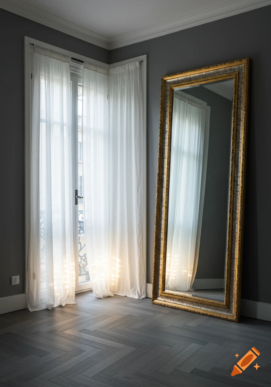 A modern minimalist room with sheer white curtains on a large window and a tall, ornate golden-framed mirror leaning against a dark gray wall.