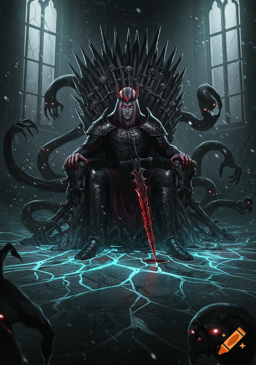 A dark fantasy king with red eyes and a blood-red sword sits on a throne of swords, surrounded by shadowy monsters in a snowy castle.