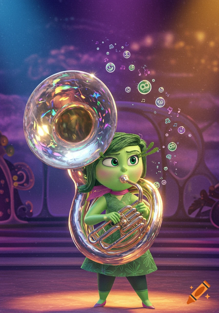 Green animated character Disgust playing a shiny tuba, with musical notes and bubbles, on a purple-lit stage.