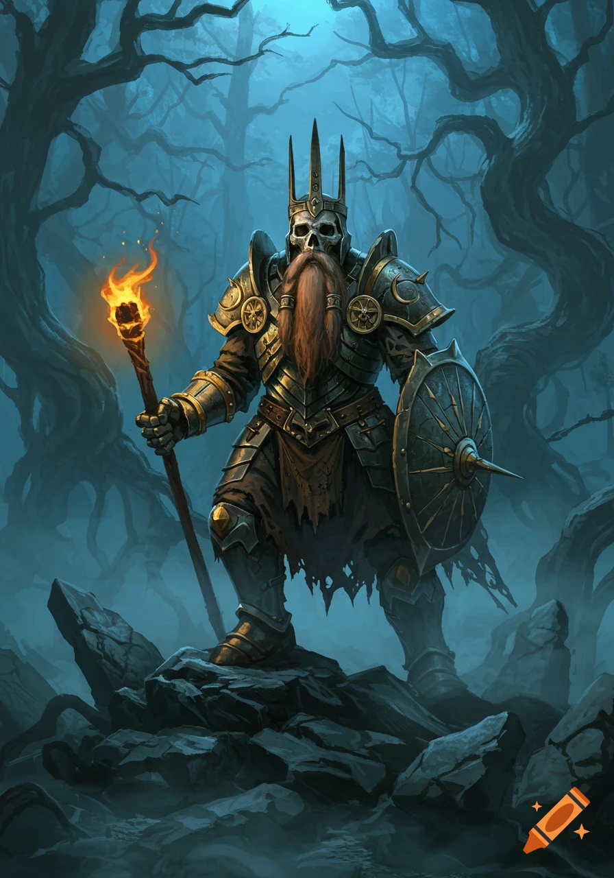 A skeletal dwarf in ornate armor, wearing a spiked crown and long beard, stands in a misty forest holding a flaming torch and shield.