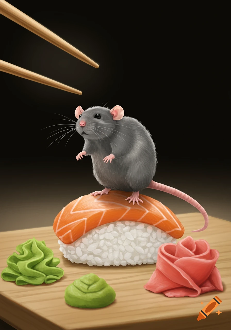 A realistic illustration of a small gray rat standing on a piece of salmon nigiri sushi, with chopsticks overhead.