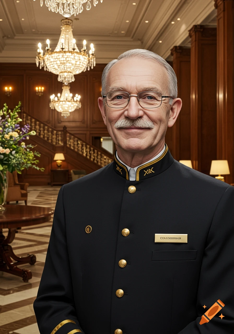 Photorealistic portrait of a smiling older man in a black uniform with gold accents, likely a concierge, in a luxurious hotel lobby.