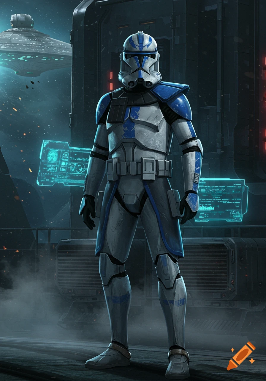 A blue and white armored Clone Trooper stands in a futuristic setting with a spaceship and holographic displays in the background.