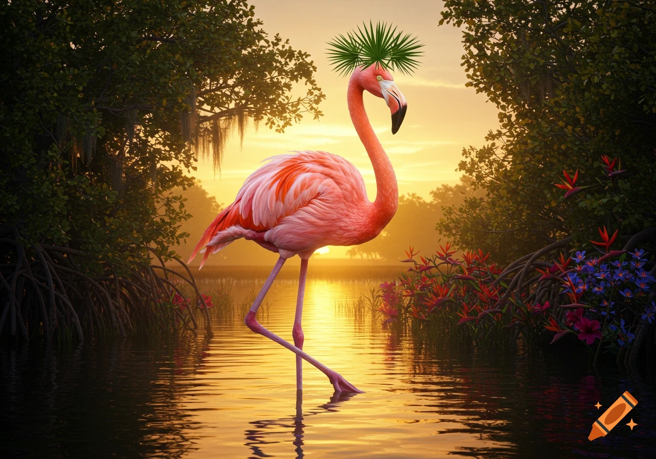 A proud flamingo wearing a green spiky palm frond crown stands in shallow water at sunset in a vibrant wetland.