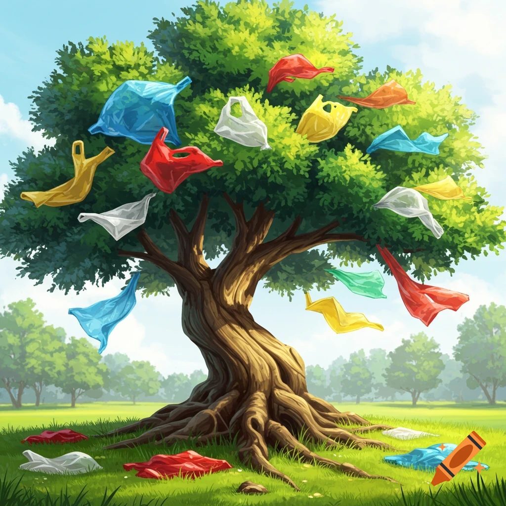 An illustration of a tree with colorful plastic bags as leaves and on the grass in a sunny park.