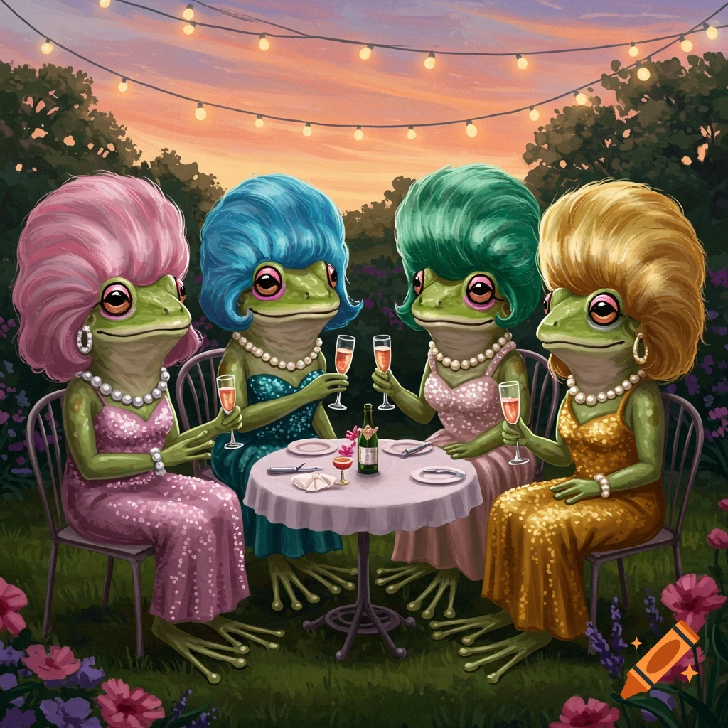 Four anthropomorphic lady frogs with colorful wigs, dresses, and jewelry drink champagne at an outdoor party at sunset, illustrated.