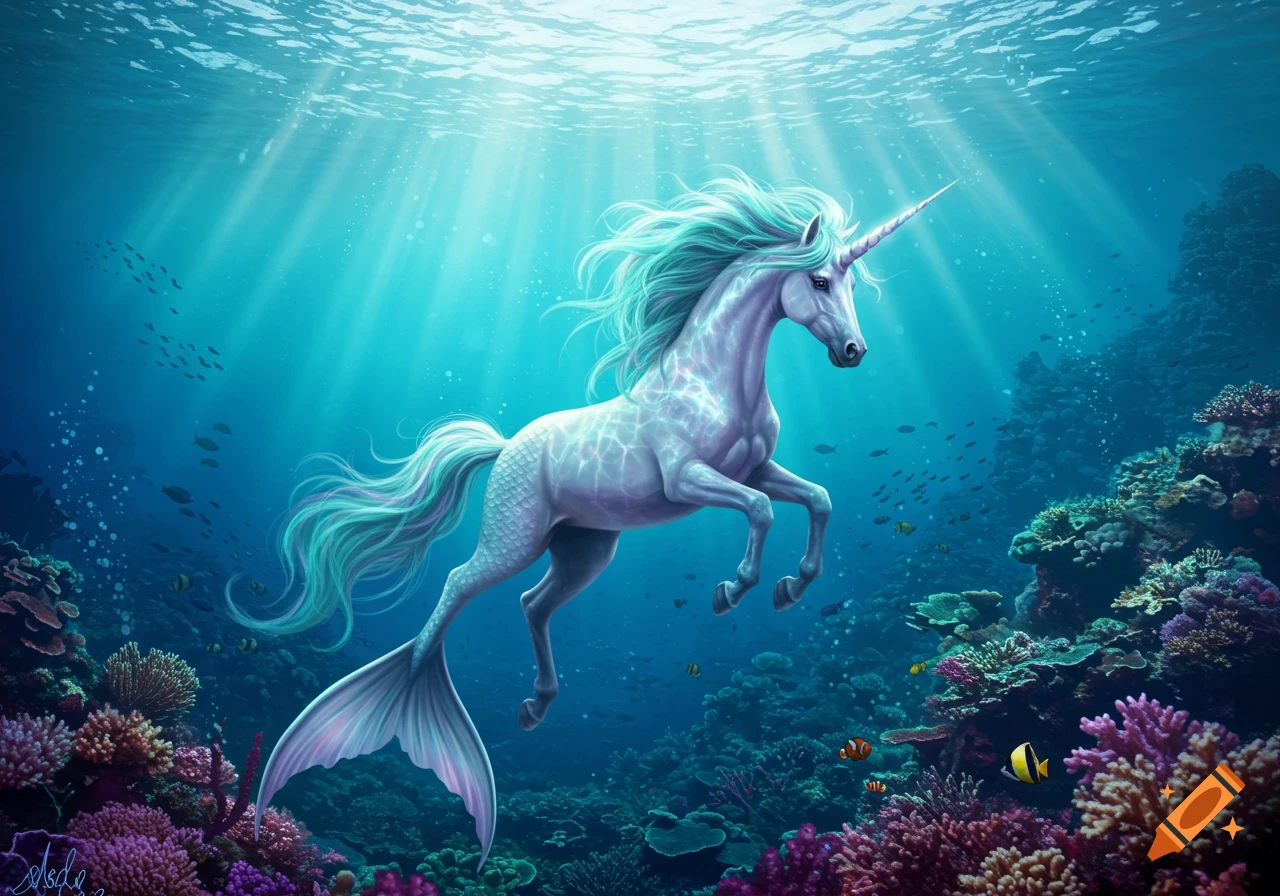 A majestic purple and white unicorn with a mermaid tail swims gracefully underwater amidst colorful coral reefs and fish.