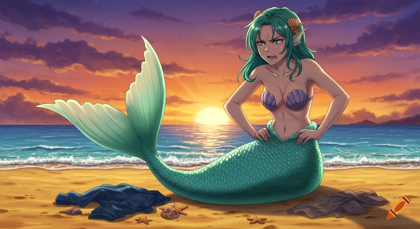 An angry green-haired mermaid in a shell bra sits on a beach at sunset, with her discarded clothes on the sand.