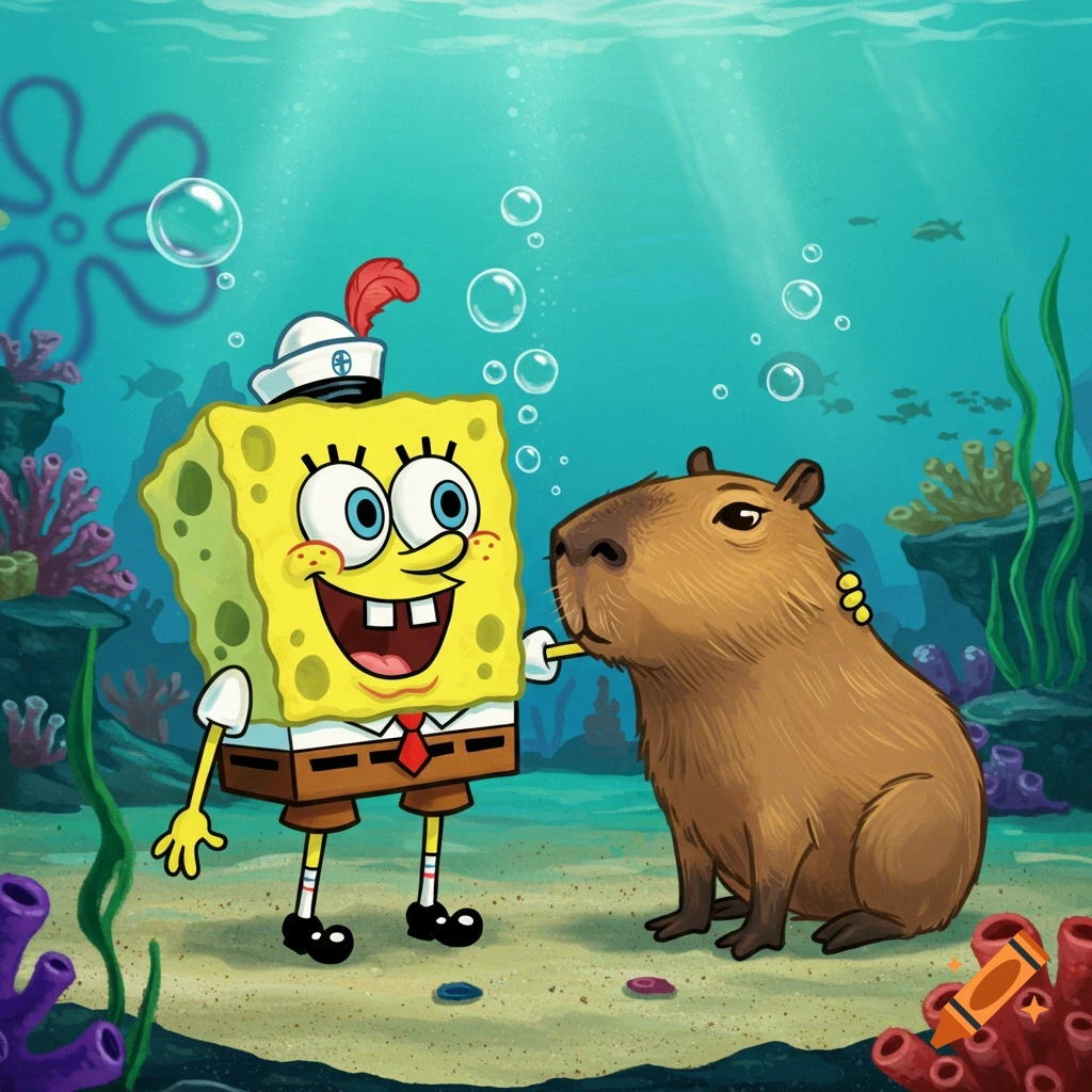 Cartoon Spongebob Squarepants in a sailor hat, interacting with a capybara underwater on a sandy seafloor with coral and bubbles.