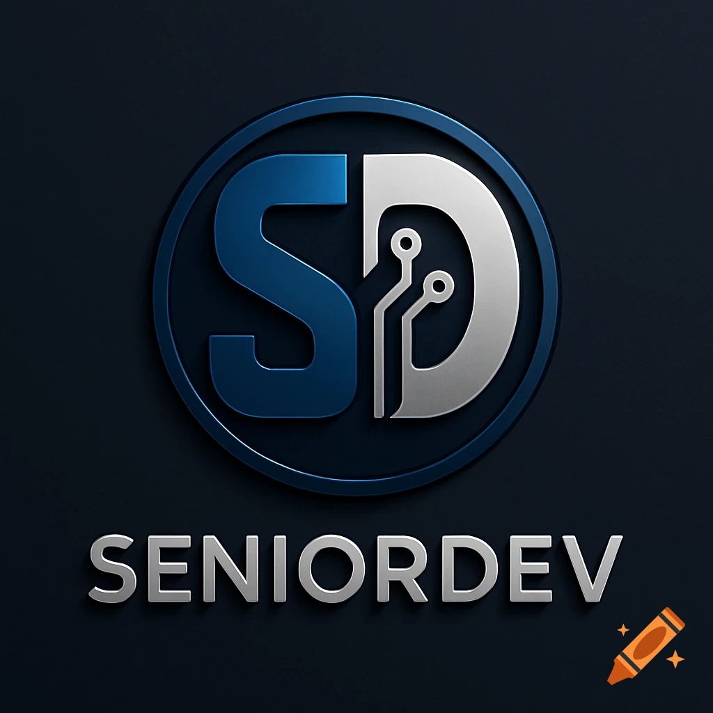 3D logo featuring a blue 'S' and a silver 'D' with circuit board lines, enclosed in a dark blue circle, above the word 'SENIORDEV'.