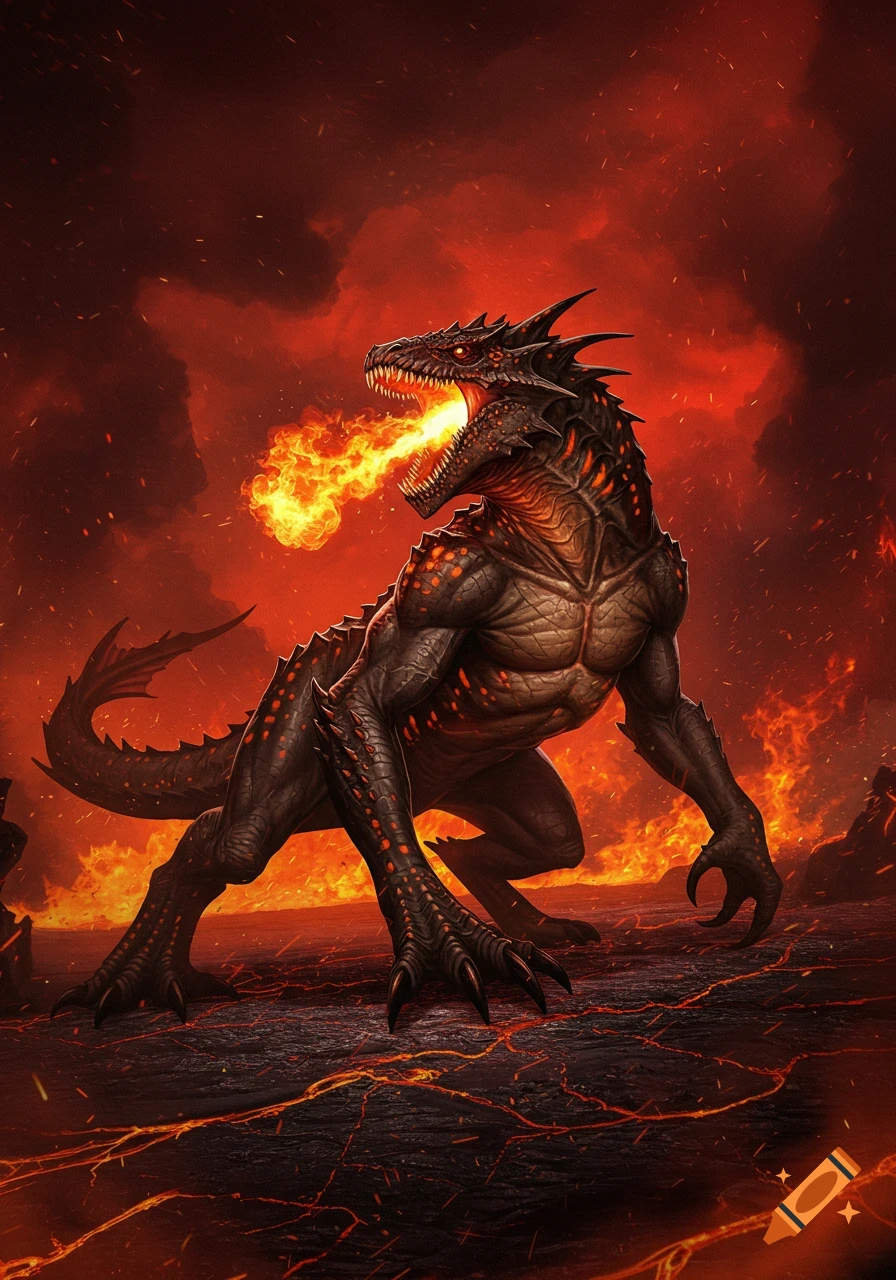 A dark, scaly, four-legged monster with glowing orange spots breathes fire, standing in a lava field under a smoky red sky.